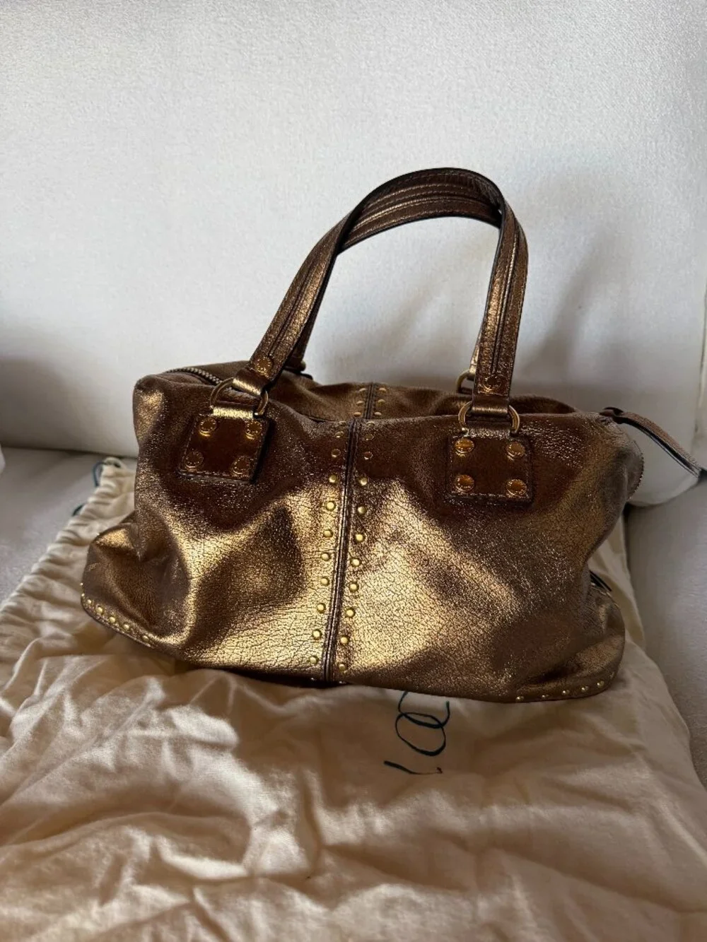 Michael Kors Metallic Bronze Leather Studded Satchel Shoulder Bag